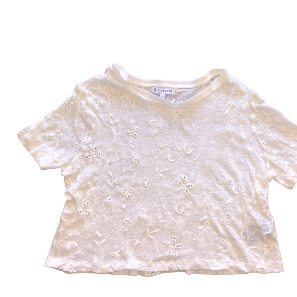 Cosette Cream Eyelet Linen Blend Short Sleeve Top Size Large